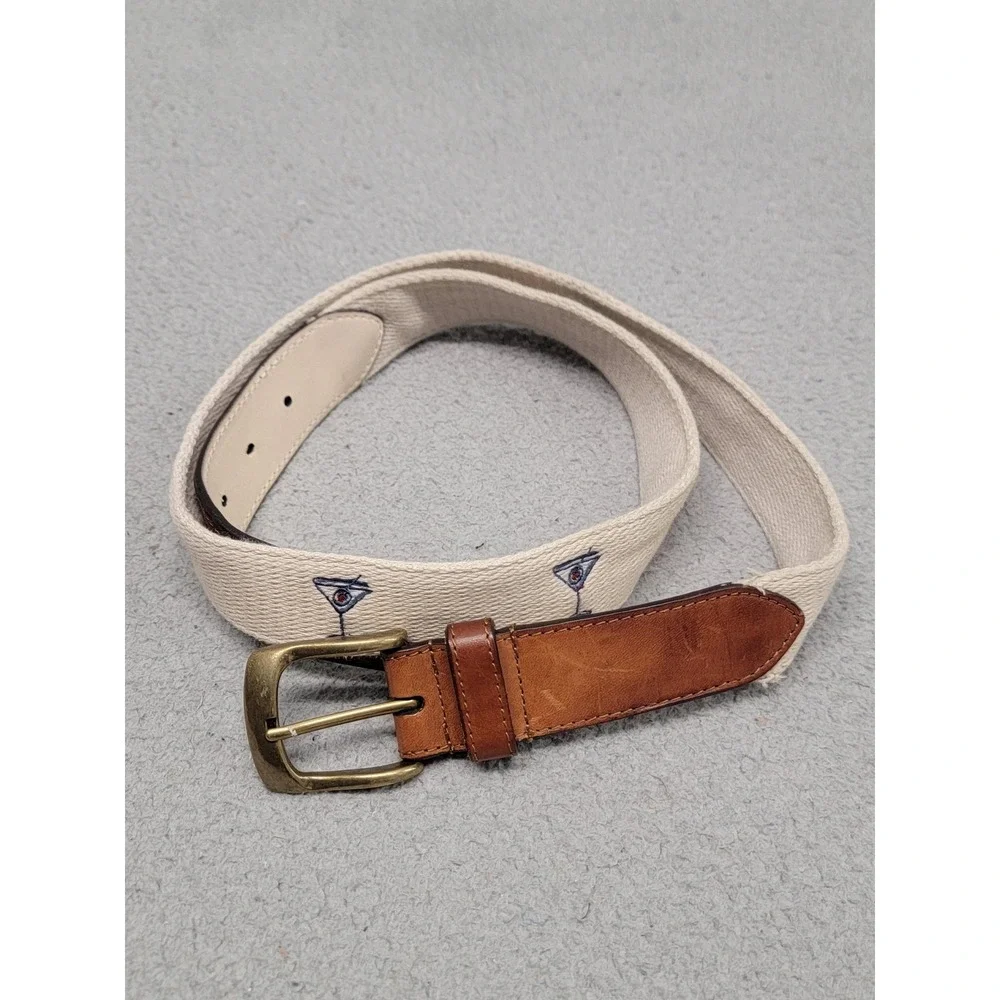 J.McLaughlin Belt Mens 40 Khaki Ashton Embroidered Martini Webbing Leather Trim‎